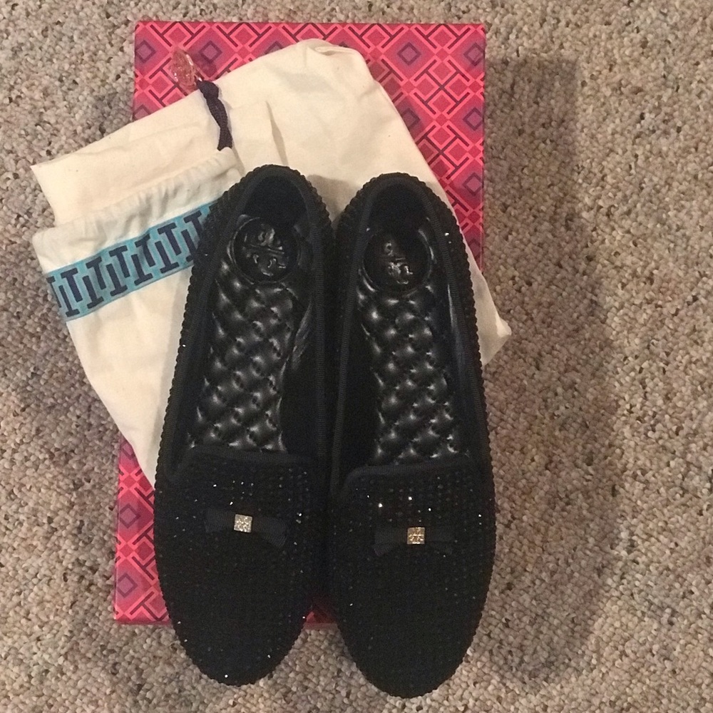 Black Tory Burch rhinestone flats with mini bows